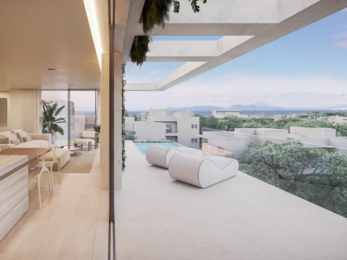 Roof terrace opening to treetops and the sea, Athens Riviera