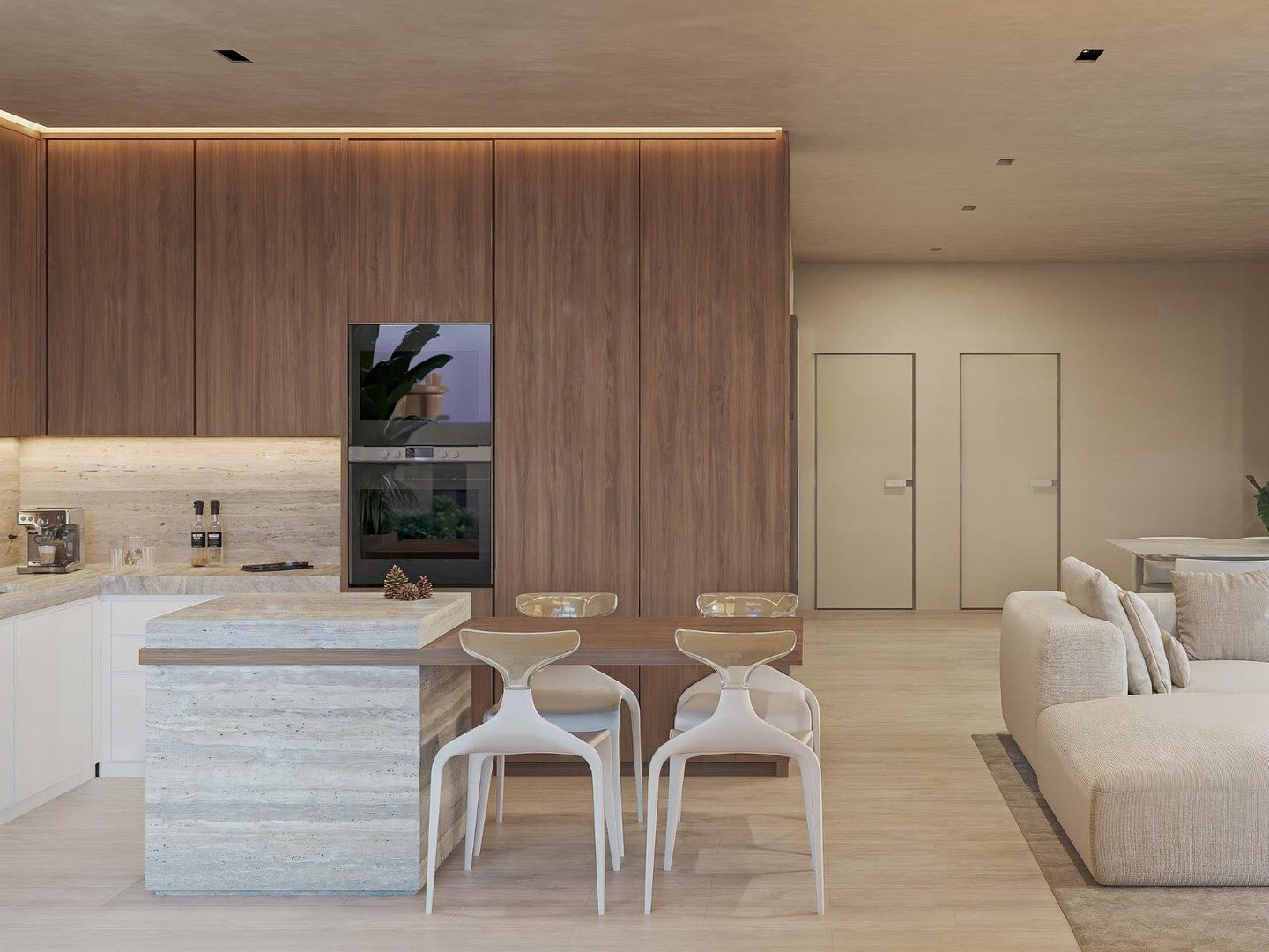Sunlit kitchen and living space in warm timber