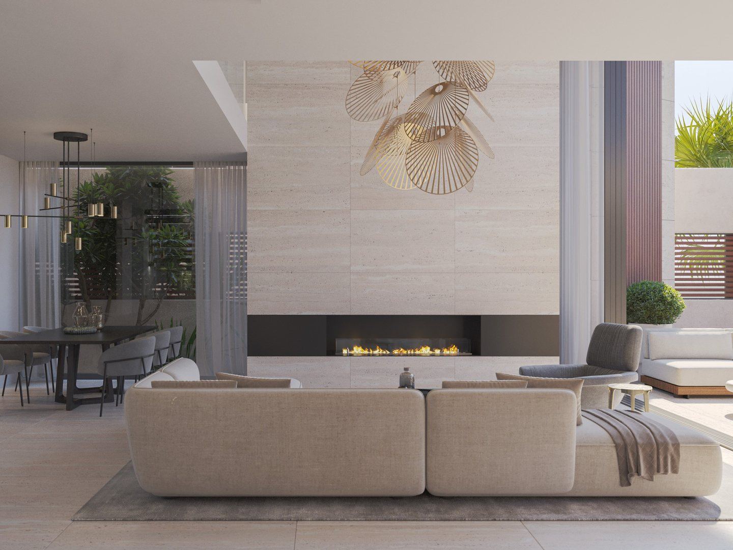 Evening lounge opening to a courtyard fireplace