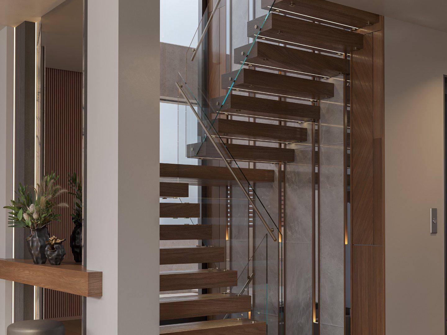 Floating timber staircase with glass balustrade